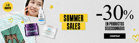 Imagen promocional de las rebajas de verano de Kiehl's, con un 30% de descuento en productos seleccionados del 1 al 31 de agosto. Incluye elementos de diseño brillantes y coloridos y images de una mujer sonriendo, un sérum, una crema y una mascarilla Kiehl's