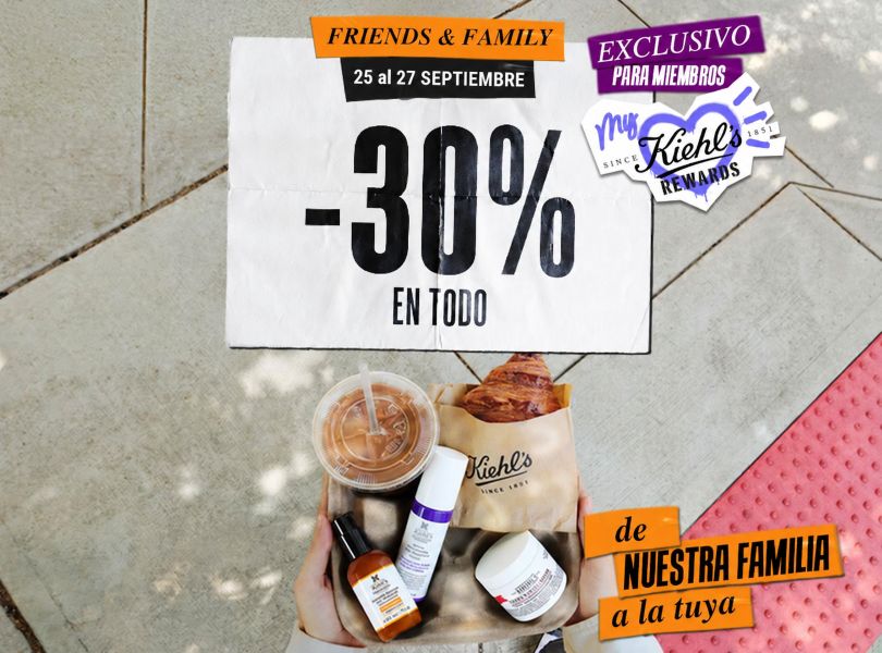 Manos con productos Kiehl's. Oferta exclusiva -30% para miembros My Kiehl's Rewards (25-27 sept). De nuestra familia a la tuya.