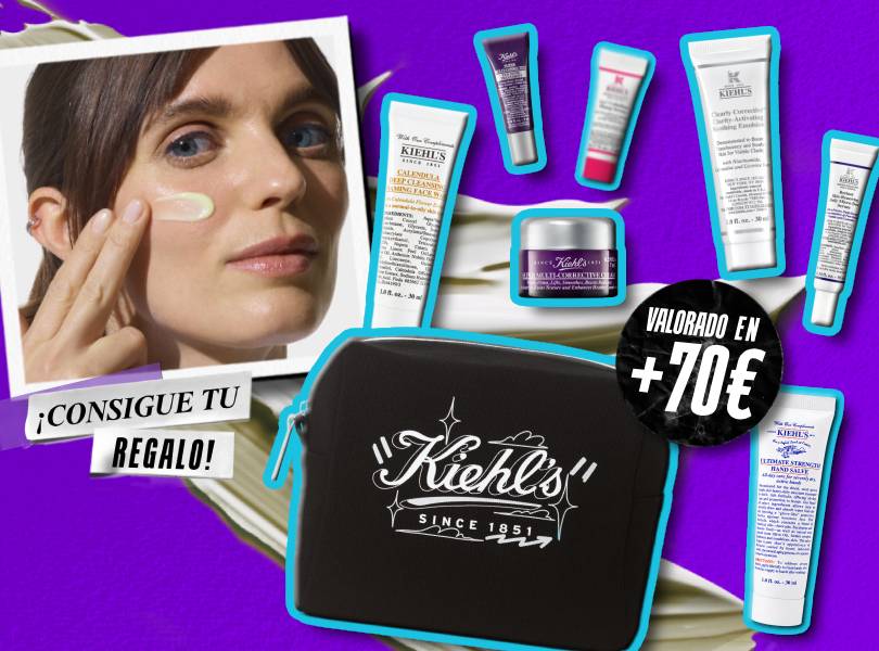 Neceser negro Kiehl's y minitallas de regalo valoradas en más de 70 € junto a modelo aplicando crema.
