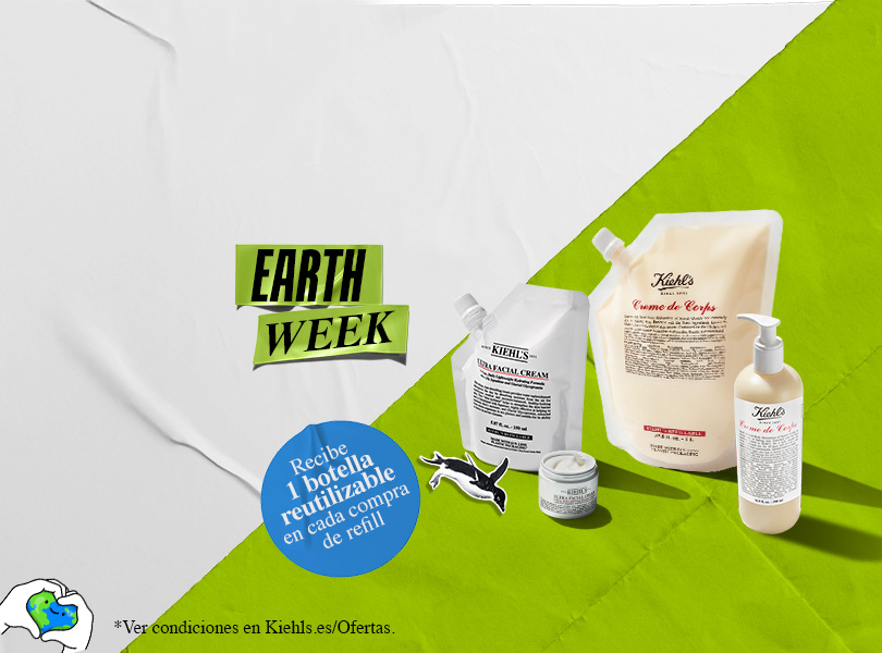Promoción de Earth Week de Kiehl's mostrando productos Ultra Facial Cream y Creme de Corps en formato refill con regalo de botella reutilizable.