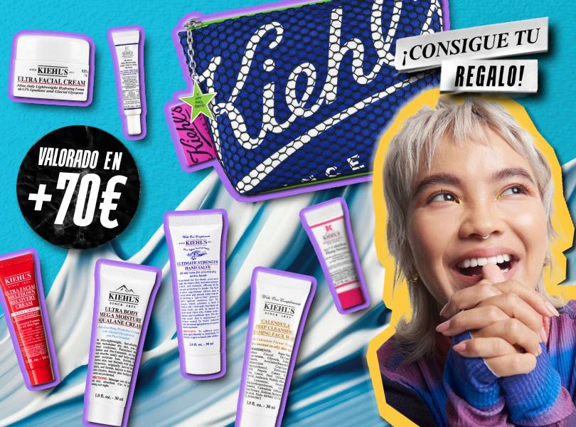 Regalo Kiehl's valorado en más de 70 €: neceser y minitallas de cuidado facial junto a una mujer sonriente.