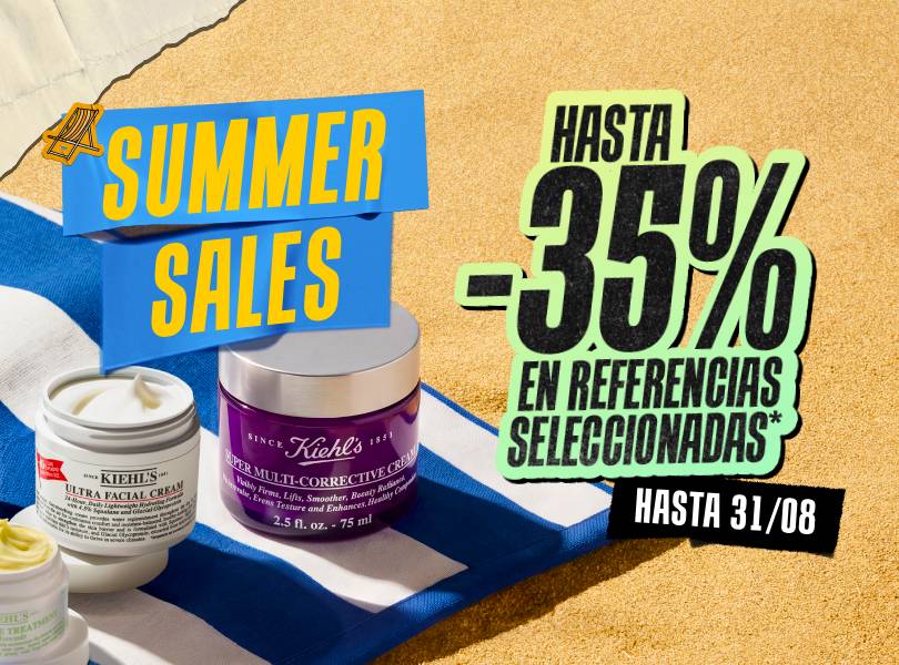 Banner Summer Sales de Kiehl's con productos sobre toalla de playa y descuento de hasta el 35%.