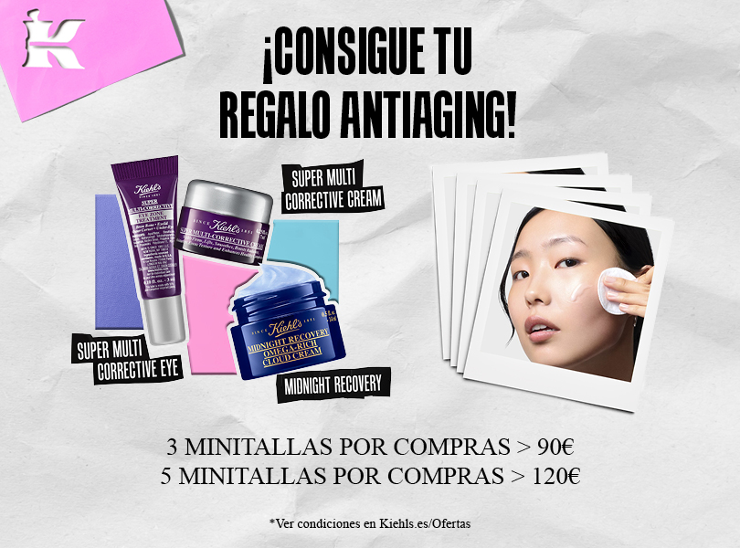 Publicidad Kiehl's: hasta 5 minitallas gratis por compras. 3 por >90€, 5 por >120€. Válido 09/03/2026 al 29/03/2026.