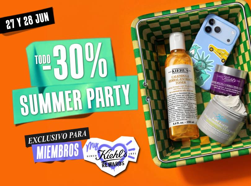 Cesta con productos Kiehl's y cartel: 27-28 junio Summer Party -30% Dto en web y tiendas para miembros My Kiehl’s Rewards.
