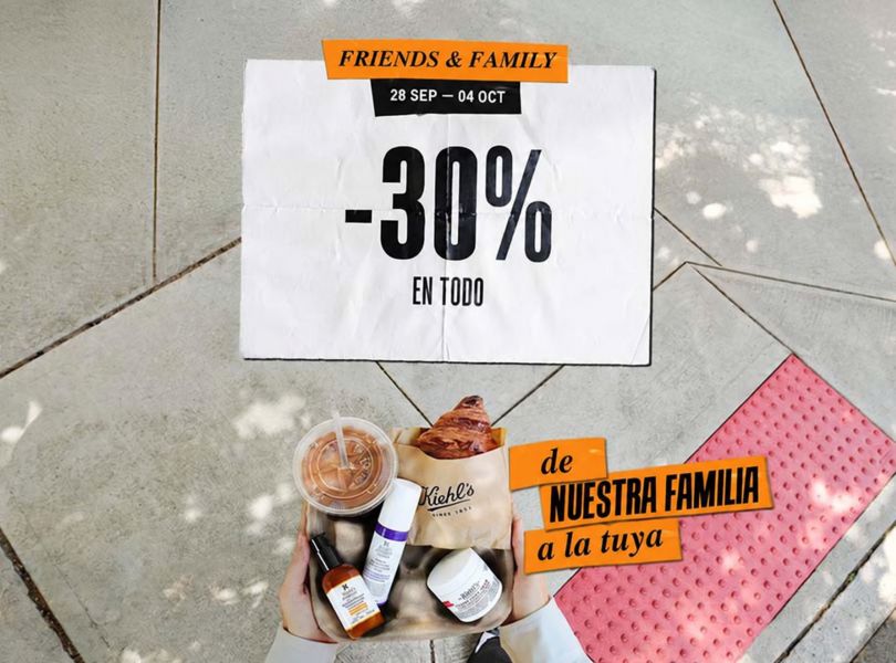 Manos con productos Kiehl's. Promoción Friends & Family: -30% en todo (28 sep - 4 oct). De nuestra familia a la tuya.