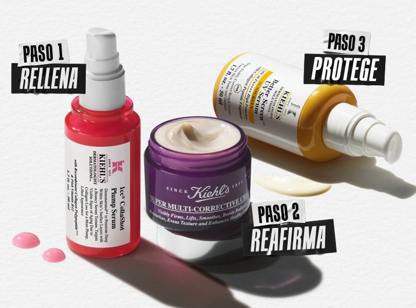 Rutina antiedad de Kiehl's en 3 pasos para rellenar, reafirmar y proteger la piel del rostro.