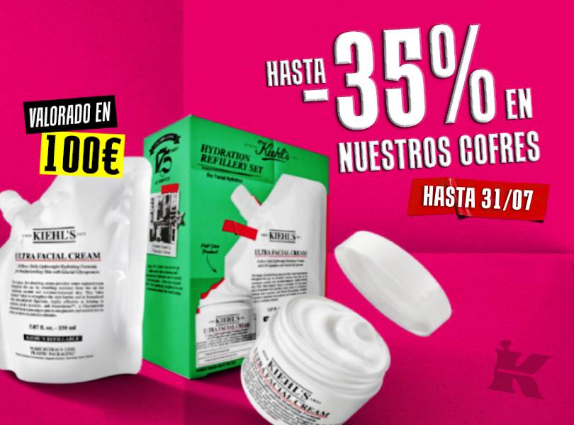 Cofre de hidratación Ultra Facial de Kiehl's con anuncio de hasta el 35% de descuento en cofres de la marca.